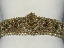 Load image into Gallery viewer, Gold Color Kundan &amp; Pearl Work Raw Silk Waist Belt

