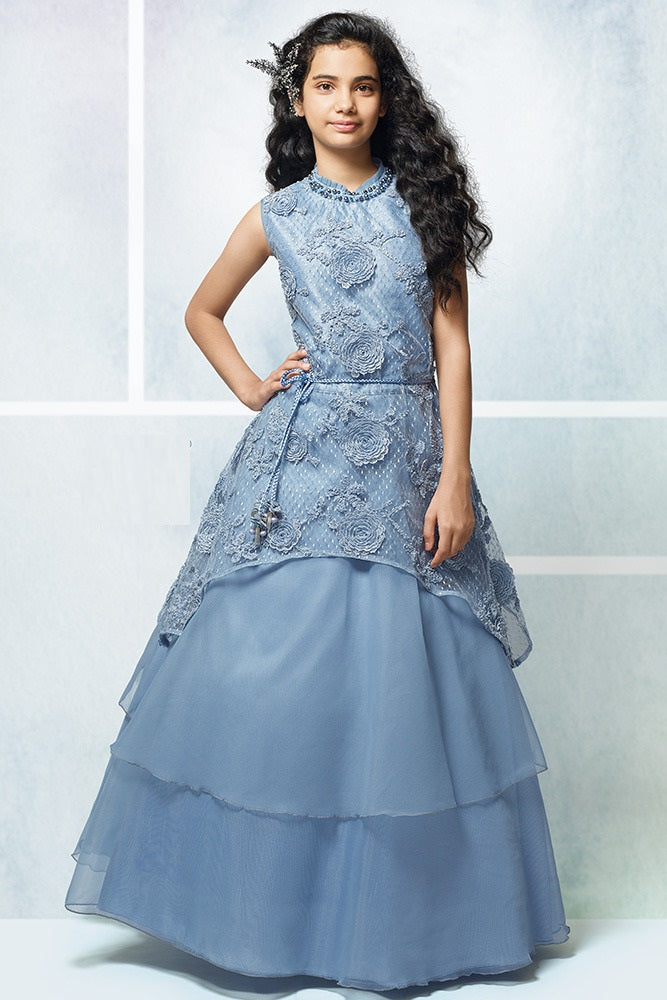 Light Blue Organza layered Gown for Girls