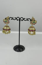 Load and play video in Gallery viewer, Peacock jhumka earrings with ruby beads 1 Gram 02
