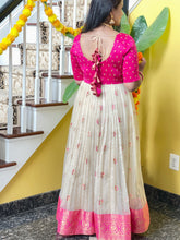 Load image into Gallery viewer, Pink and Cream pearl work organza long frock
