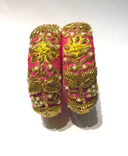 Load image into Gallery viewer, Pink &amp; Yellow Zardosi Work Broad Raw Silk Bangles
