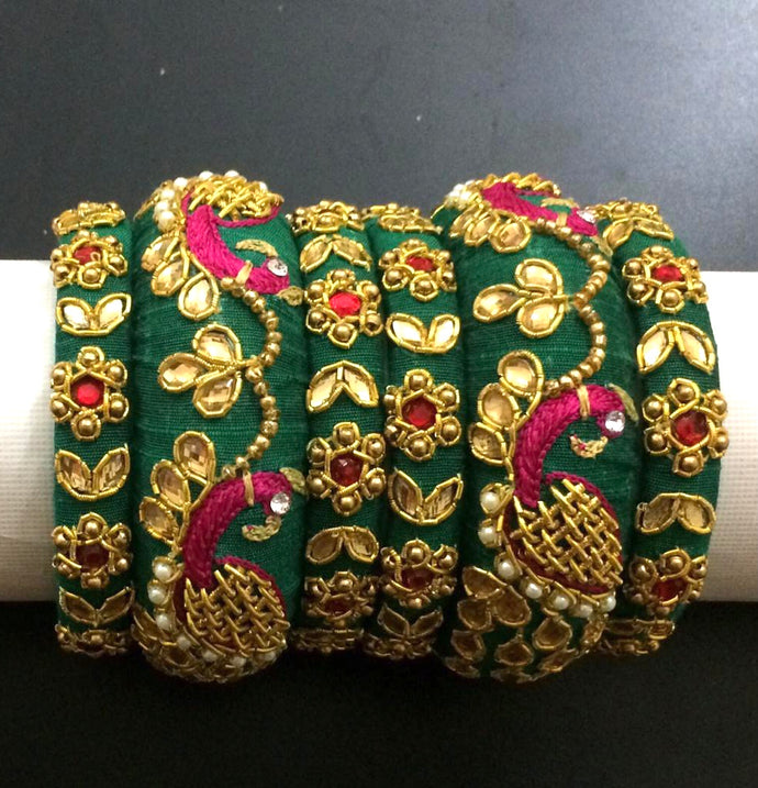 Bottle Green with Pink Thread Work  Raw Silk Bangles Set