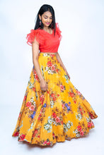 Load image into Gallery viewer, Orange Frill blouse With Mustard yellow Floral Lehenga
