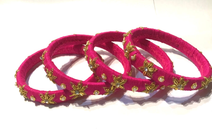 Pink Color Thin Raw Silk Bangles Set of 4