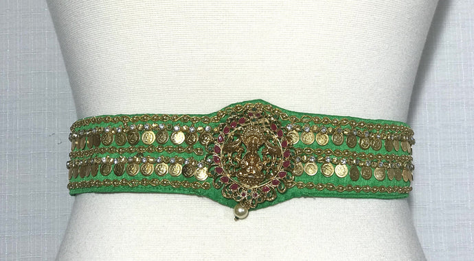 Green Color Kasu Work Raw Silk Waist Belt
