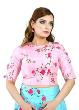 Load image into Gallery viewer, Blush Pink &amp; Blue 3D Floral Work Crop Top set By Monk
