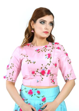 Blush Pink & Blue 3D Floral Work Crop Top set By Monk