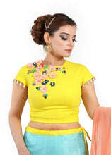 Load image into Gallery viewer, Lovely Yellow Crop Top With A Cyan Blue Long Skirt Set
