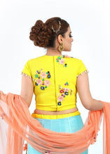 Load image into Gallery viewer, Lovely Yellow Crop Top With A Cyan Blue Long Skirt Set
