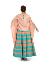 Load image into Gallery viewer, Peach Cape Top With Aqua Color Striped Skirt

