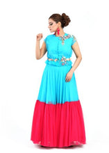 Load image into Gallery viewer, Beautiful Long Blue and Red Shimmer Net Dress Floral Style By Monk by Madhu

