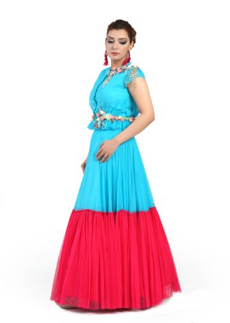 Beautiful Long Blue and Red Shimmer Net Dress Floral Style By Monk by Madhu