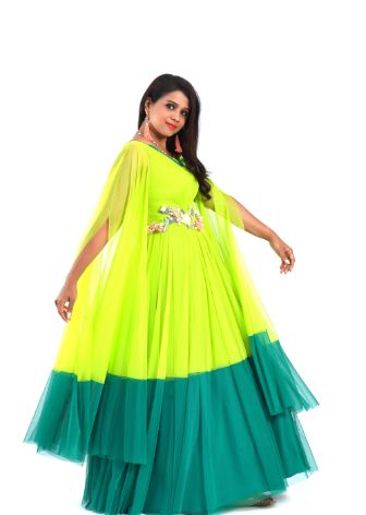 Parrot Green Long Frock With Long Cape Sleeve Designed By Monk