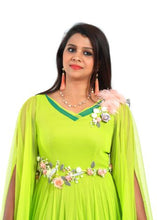 Load image into Gallery viewer, Parrot Green Long Frock With Long Cape Sleeve Designed By Monk
