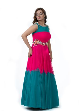 Pink and Blue Net 3D Work  Long Dress by  Monk by Madhu