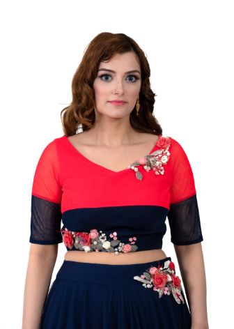 Red and Navy-Blue Corp Top with Long Net Skirt