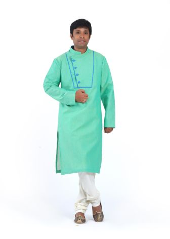 Sea Green Designer Mangalagiri Cotton Kurta With White Pyjama
