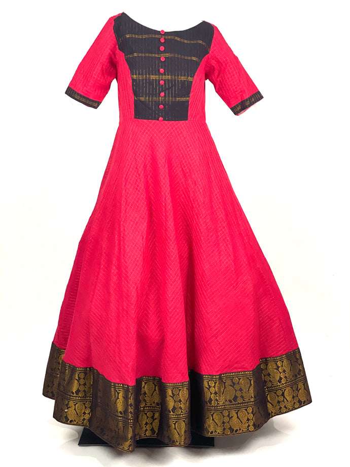 Red Cotton Long Frock With Black Border