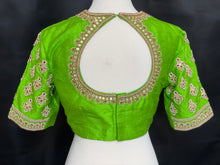 Load image into Gallery viewer, Parrot green pearl maggam Work Raw Silk

