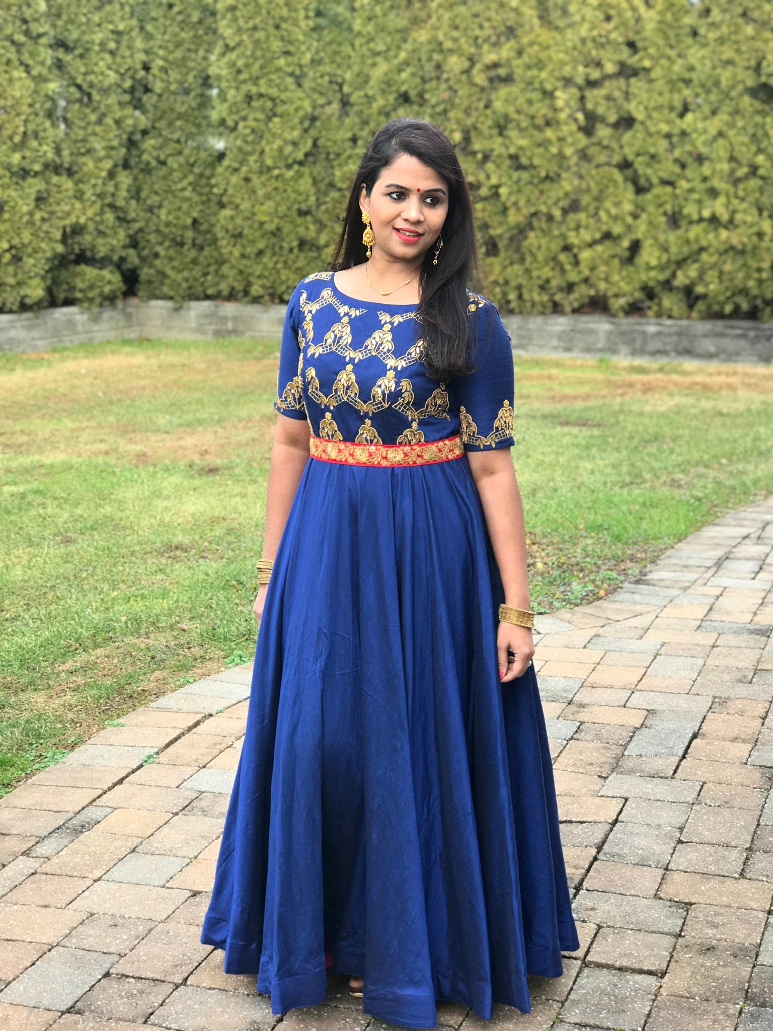 Navy blue pure raw silk work long dress Navy blue pure raw silk work long dress