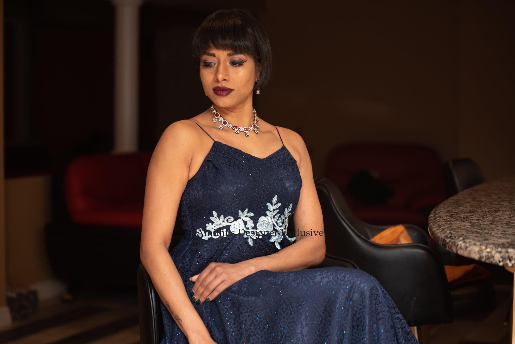 Navy Blue Shimmer Net Maxi Dress – AmithiFashions