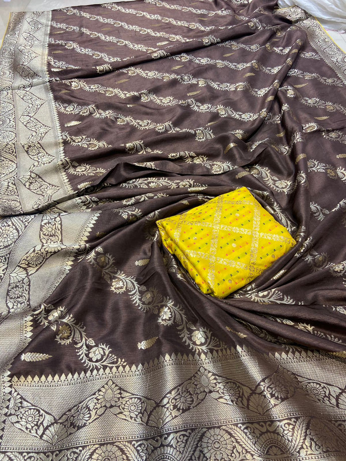 Coffee color Munga Silk Saree With yellow Banaras Stitched  Blouse