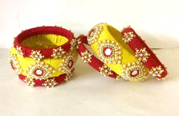 Red and Yellow Raw Silk Bangles Set