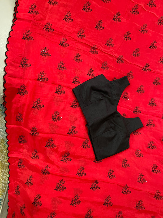 Red Embroidery Saree With Black Raw Silk V neck Blouse