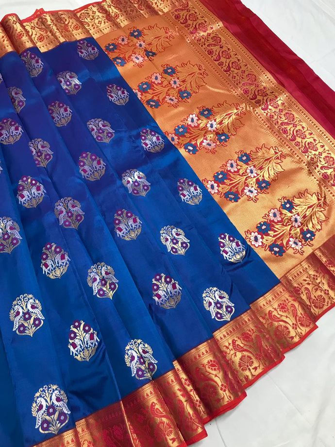 Blue & Red Color Combo Pure Silk Saree With Stitched Work Blouse
