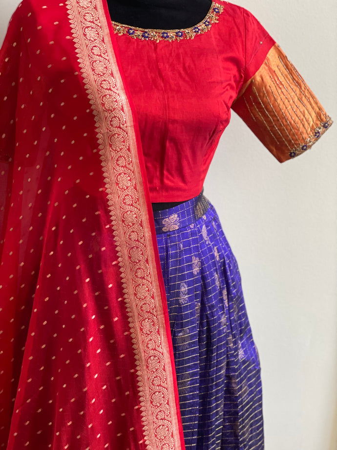 Blue and Red combination kupaddam Silk  lehanga set