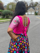 Load image into Gallery viewer, Black and pink Kalamkari print long frock
