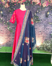 Load image into Gallery viewer, Dark pink color pure silk maggam work long dress
