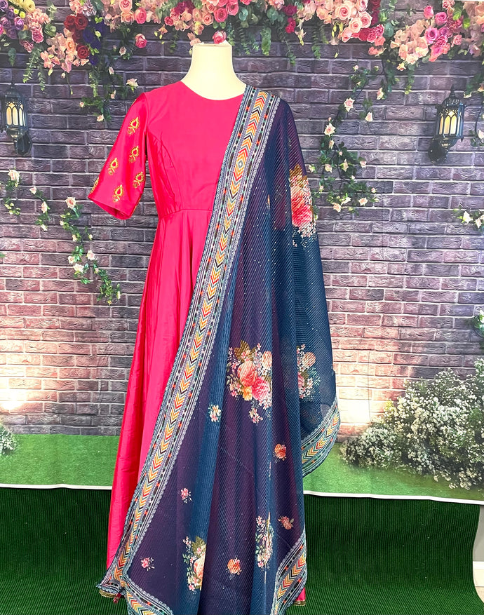 Dark pink color pure silk maggam work long dress