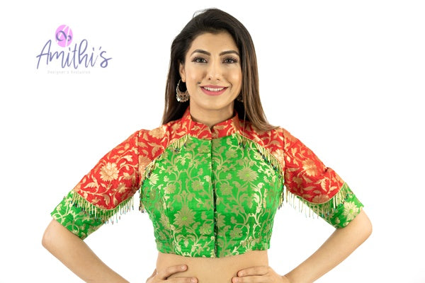 High Quality Green & Red Brocade Blouse With Tassels