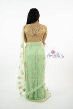 Load image into Gallery viewer, Sage Green Color Net Saree with golden embroidery Blouse
