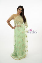 Load image into Gallery viewer, Sage Green Color Net Saree with golden embroidery Blouse
