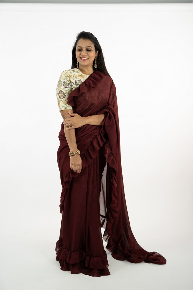 Maroon Color Frill Saree with Brocade Blouse