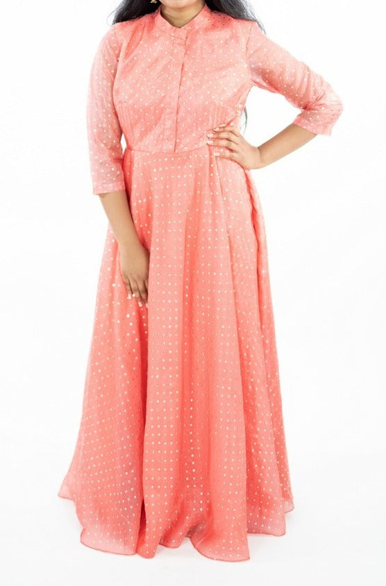 Peach Color Nakki Work Long Dress