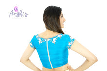 Load image into Gallery viewer, Blue Color Pearl Work Raw silk Crop-Top Blouse
