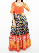 Load image into Gallery viewer, Orange &amp; Black Pure Ikkat Silk Long Frock With Big Border
