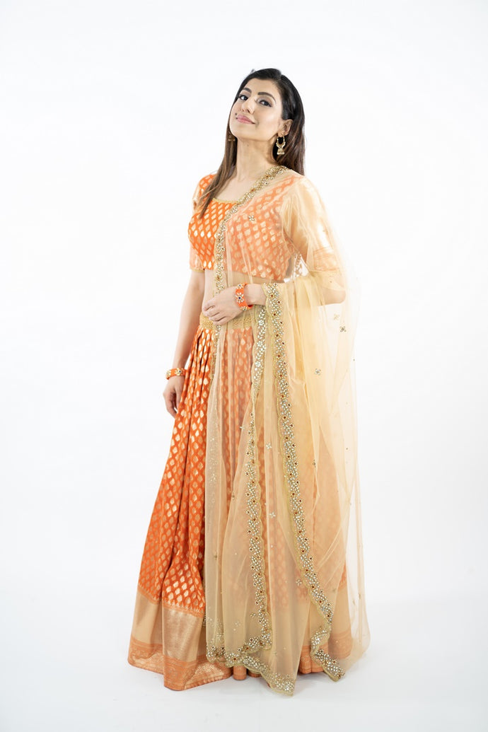 Orange Color Pure Banaras Silk Traditional Lehenga Set