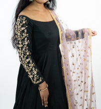 Load image into Gallery viewer, Black Half Shoulder Long Dress With Zardozi Work On Sleeves
