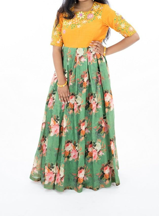 Mustard Yellow & Green Embroidery Floral Long Frock