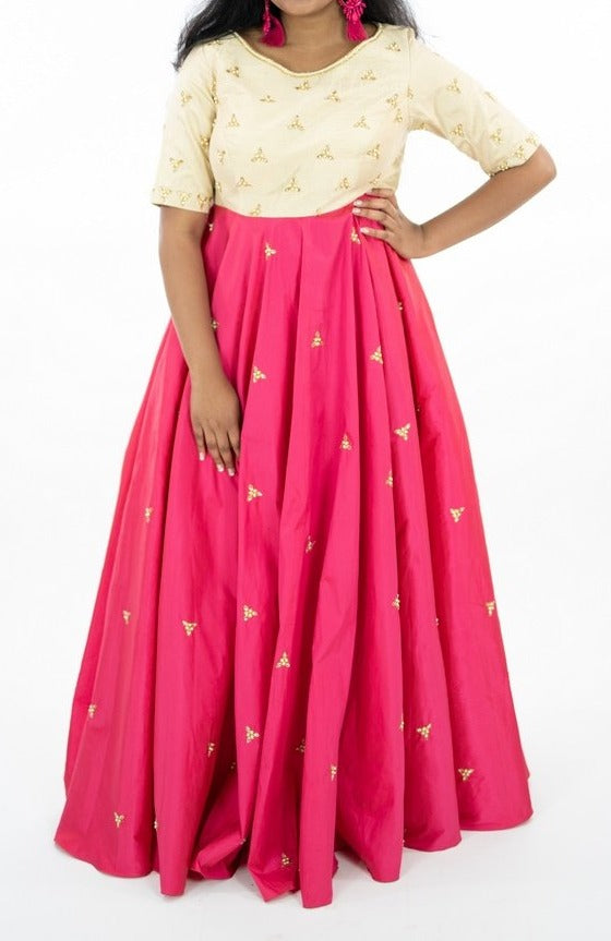 Pink And Cream Color Pure Silk Pearl & Kundan Work Long Dress