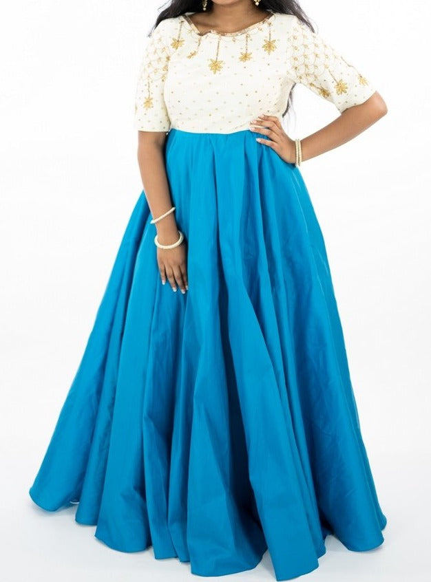 Blue & Cream Color Long Dress With Zardozi Work On Sleeves And Neck