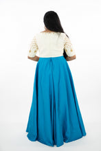 Load image into Gallery viewer, Blue &amp; Cream Color Long Dress With Zardozi Work On Sleeves And Neck
