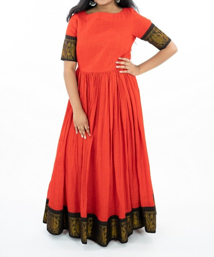 Red Cotton Long Frock With Black Zari Border