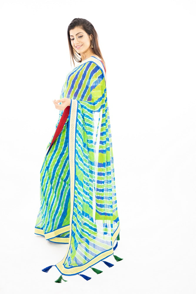 Multi Color Green Stripe Chiffon Saree With Red Blouse