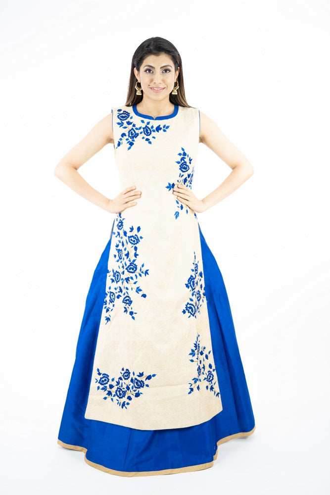 Royal Blue Lehenga With Cream Embroidery Art Silk Kurti Set