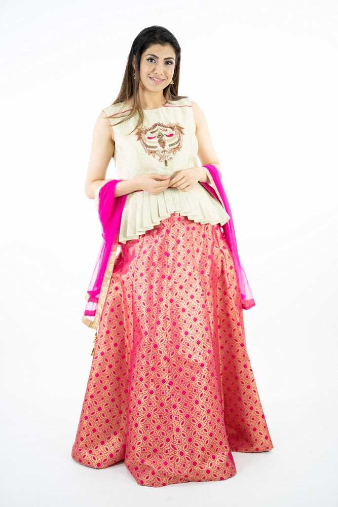 Cream & Pink Color Semi Banaras Silk Lehenga Set